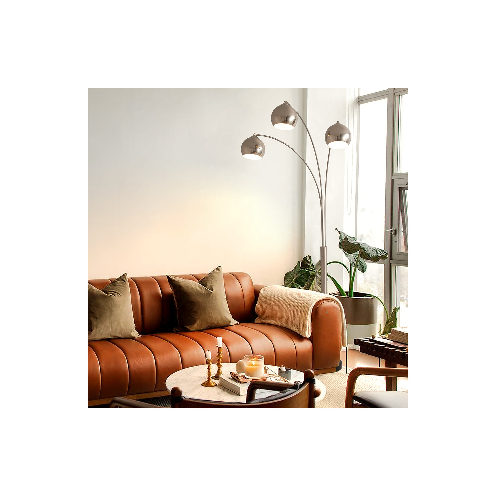 Triplet 3 Light Arc Floor Lamp - Nickel, Marble Base, Dimmer Switch, Black, Satin Nickel