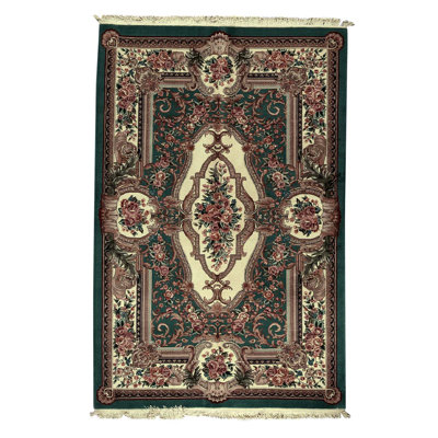 Tapis vert / rouge / beige en laine noué à la main de conception unique 5 pi 9 po x 8 pi 9 po