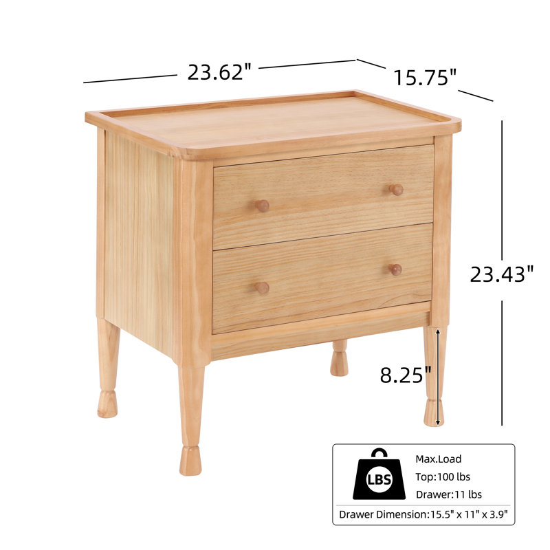 Barker Modern 2-Drawer Nightstand with Tray Top & Solid Wood Legs