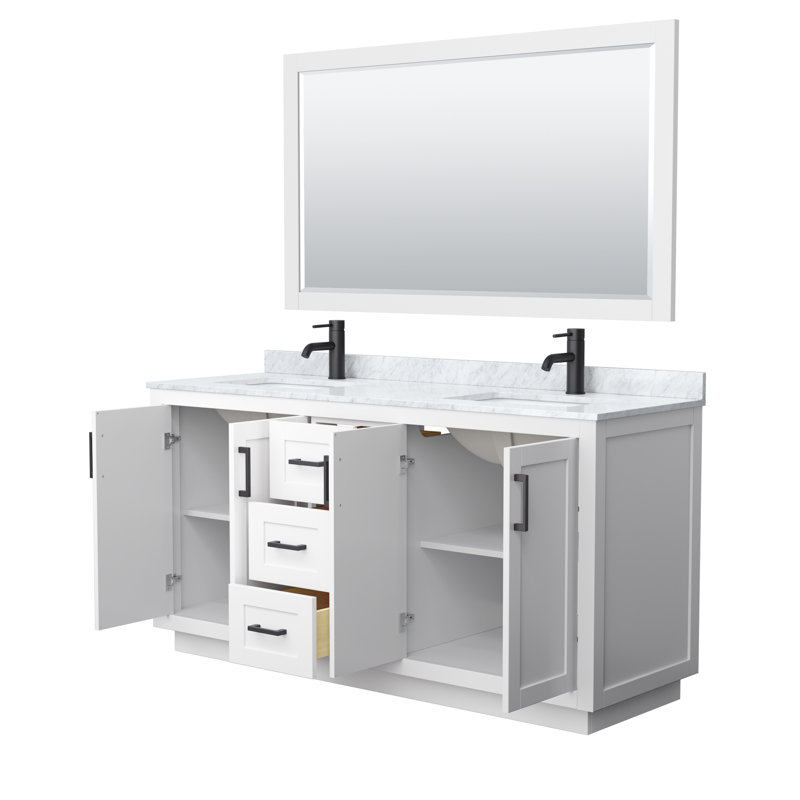 Ensemble de meuble-lavabo double autoportant 66 po avec plateau en marbre Miranda, Noir mat, Blanc
