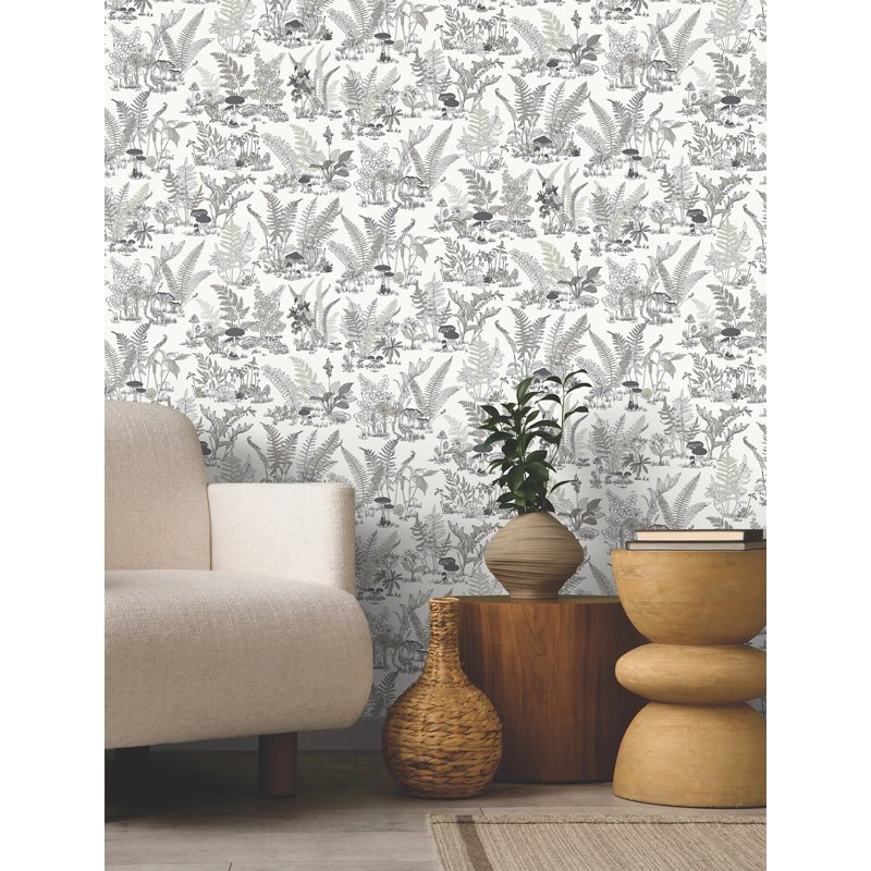 Mushroom Garden Toile Wallpaper Roll, Black & Gray