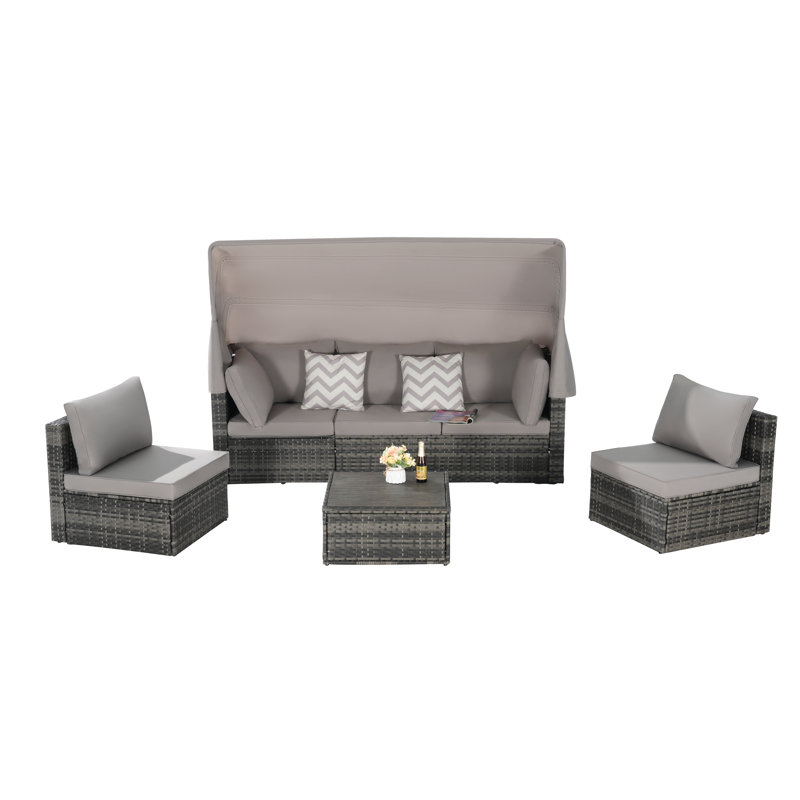 5 Pieces Outdoor Patio Wicker Daybed Furniture Set With Retractable Canopy, Storable Side Table, And Soft Cushions For Relaxing In Your Backyard Or Porch