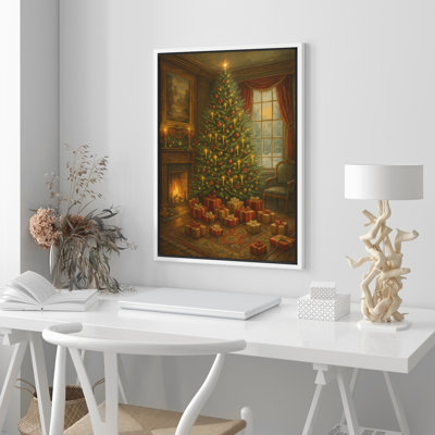Arbre de Noël avec cheminée et cadeaux dans une élégante pièce de vacances encadrée