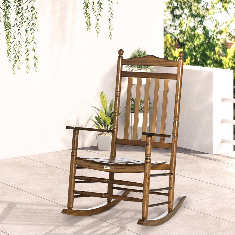 Traditional Wooden High-Back Rocking Chair for Porch, Indoor/Outdoor, Brown