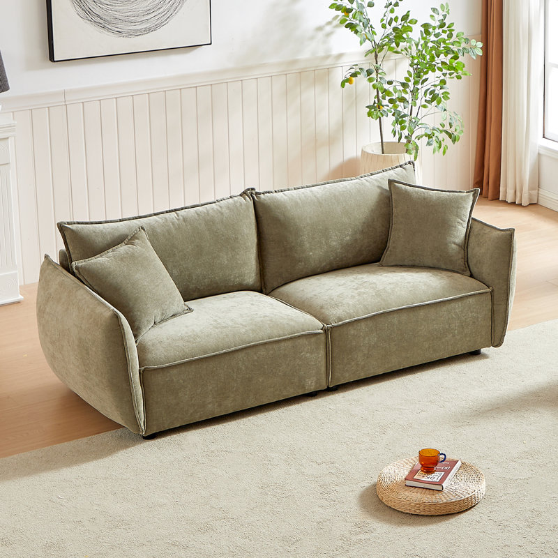 Élégant canapé modulaire en chenille pour la chambre - structure en bois, rembourrage épais, coussins supplémentaires