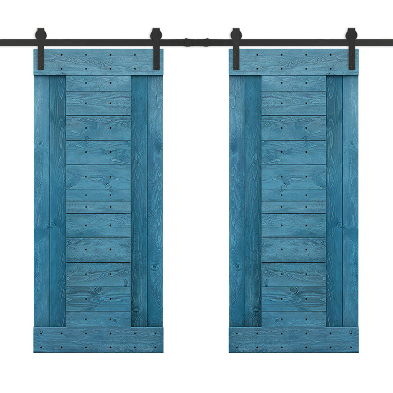 Porte de grange à panneaux et en bois avec quincaillerie d'installation, 48 po x 84 po, Bleu océan