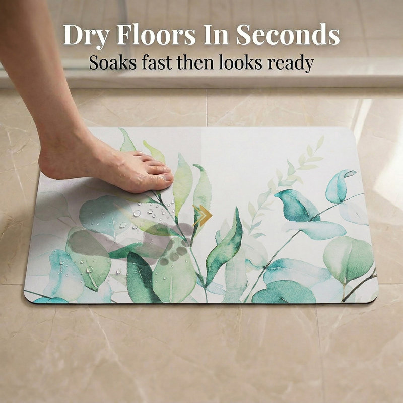 Decorative Bath Mat 24x18 – Ultra Absorbent Quick Dry Rug with Anti-Slip Rubber Backing, White/Green Floral