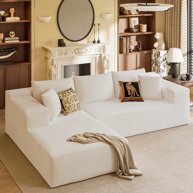Canapé modulaire à compression en L Boneless, Velours côtelé beige