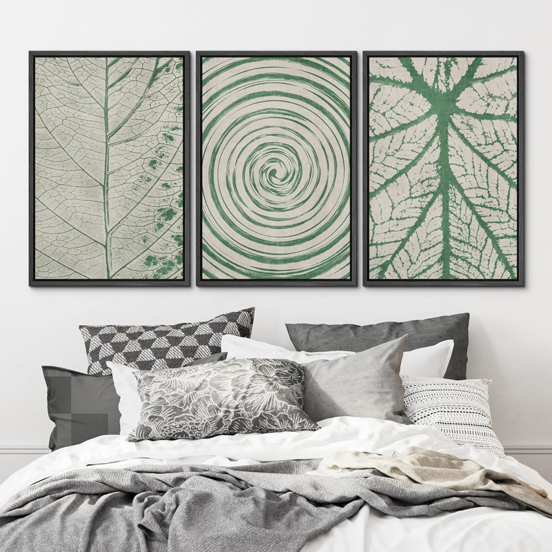 Abstrait botanique vert, feuilles blanches, 3 pièces, H 24 po x l 16 po x P 1,5 po, Noir