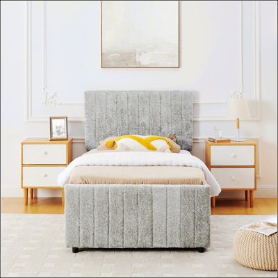 Twin Size Vertical Striped Chenille Upholstered Pull-out Bed with High Padded Back, Hidden Trundle for Guest Room and Bedroom