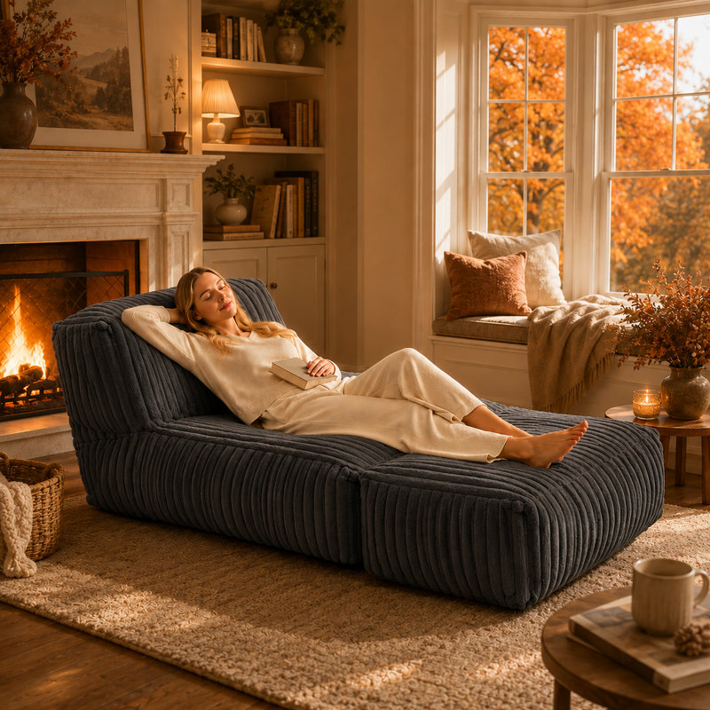 Modular Corduroy Chaise Lounge Sofa,Vacuum‑Compressed Bean Bag Chair, Dark Gray