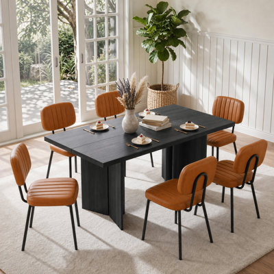 Amiin 7-Piece Rectangular Dining Table Set, Fixed Wood Grain Dining Table (1.6M / 1.8M) With Upholstered Dining Chairs, Modern Farmhouse Dinette Set For Dining Room Kitchen