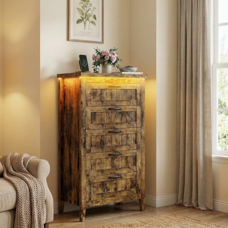 Modern Wood Chest of Drawers Organizer for Bedroom, Closet & Living Room, Space-Saving Dresser with Charging Station & RGB LED Lights