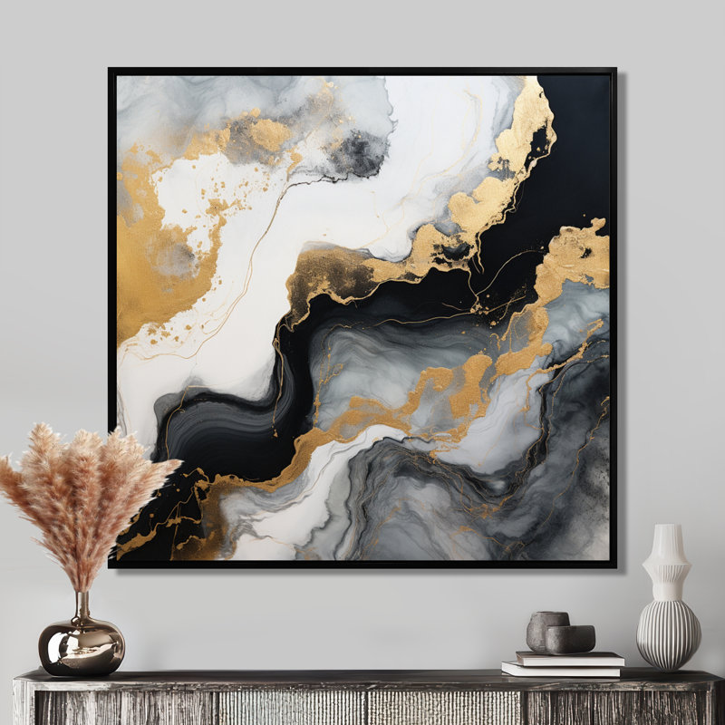 «Glam Gold Flows» - art mural marbre, Toile avec cadre flottant noir, H 30 po x l 30 po x P 1 po