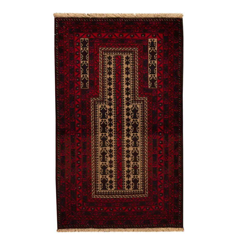 Tapis unique rouge / jaune / noir noué à la main 3 pi x 5 pi