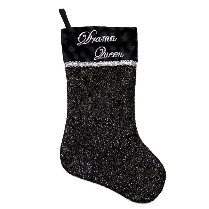 Chaussette de Noël 17 "Drama Queen" brodée en noir et argent 17 "