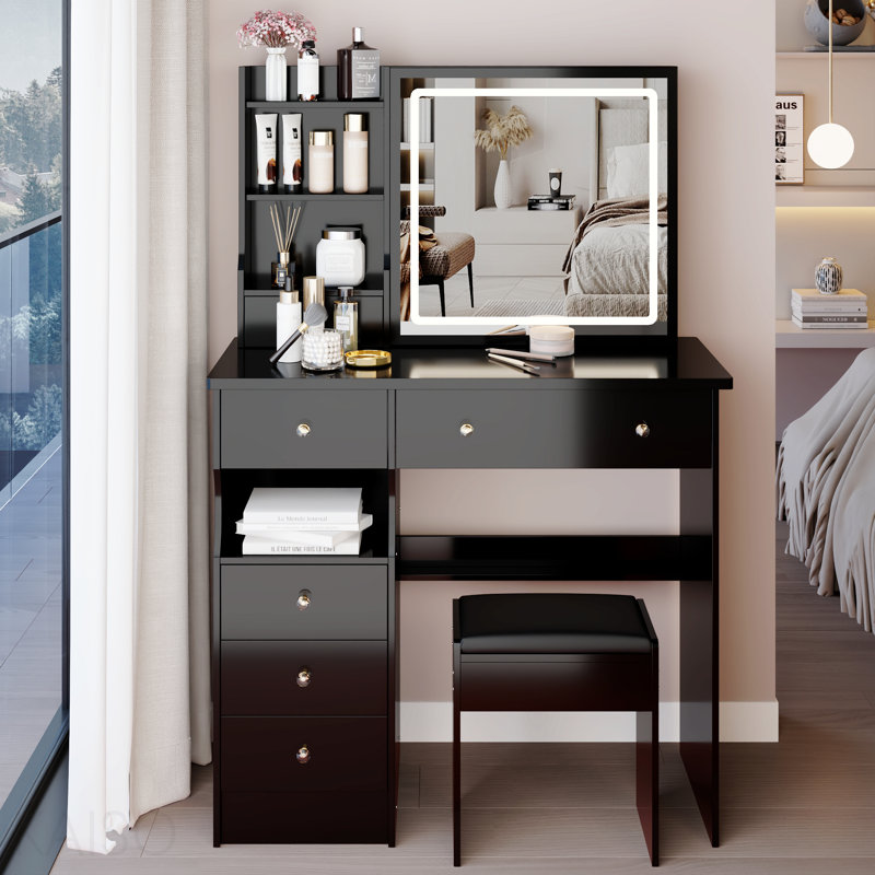37" Left Drawer Desktop Vanity Table + Cushioned Stool, 2 Ac+2 Usb Socket, Hair Dryer Stand, Large Touch Control Led Sliding Mirror, 3-Color Switch Makeup Dressing Set