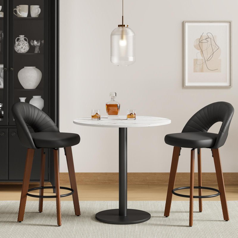 Mid-Century Swivel 26" Counter Stools, Faux Leather Upholstered Barstools with Cutout Back and Solid Wood Legs, Black