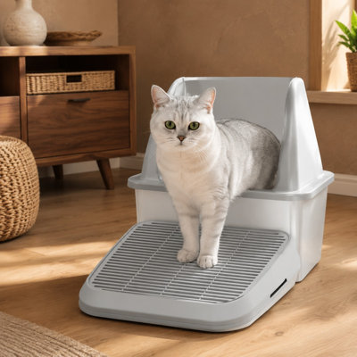 Rampe et marches surélevées gris pâle pour bac à litière pour chatons et chats âgés, avec marches récupératrices de litière lavables, pédale avec tapis anti-traces et filtre, et construction facile à nettoyer pour bacs à litière automatiques.