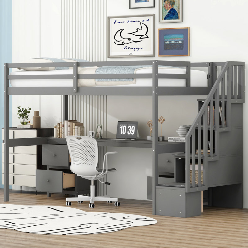 Lit mezzanine gris élégant avec espace de travail et de jeu