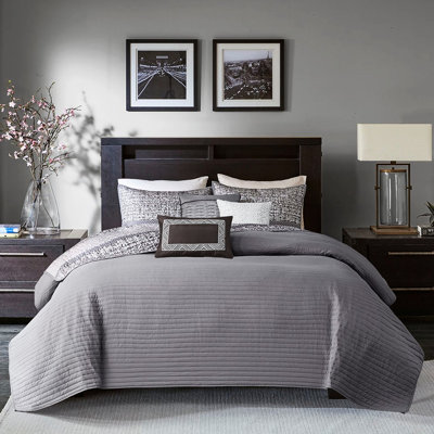 Courtepointe réversible grise / taupe - Coussins décoratifs 100% grand / grand rembourrés lavables à la machine 6 pièces brodées et plissées