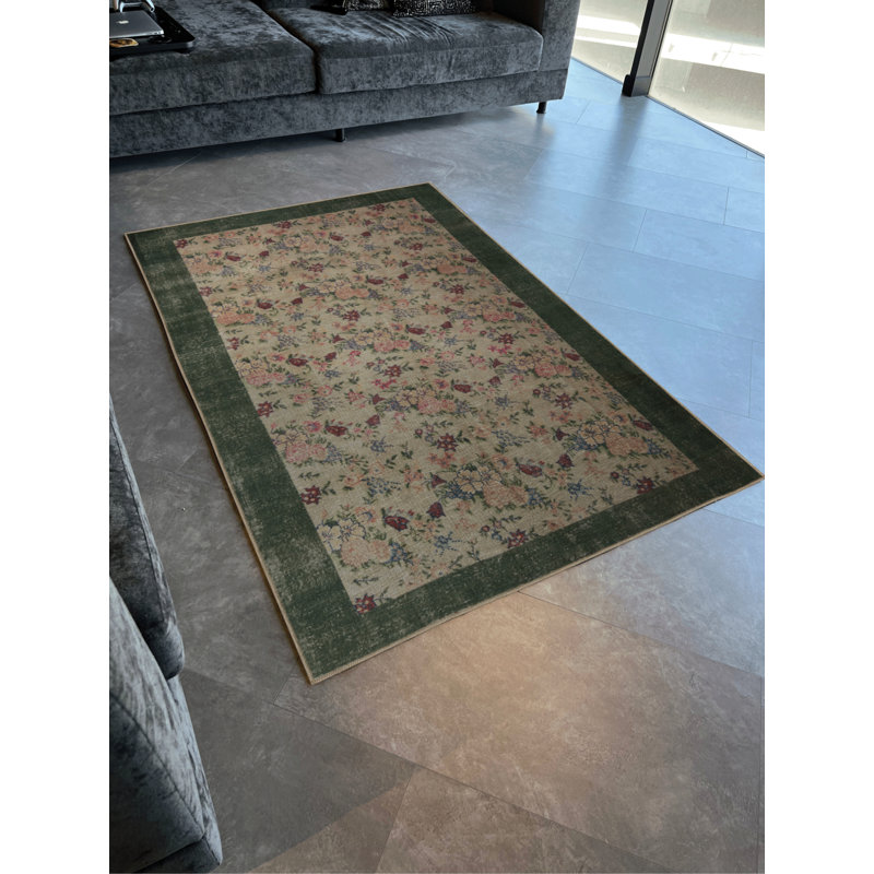 Tapis décoratif vert moderne beige à motif floral rose, Rectangle 2 pi 8 po x 5 pi