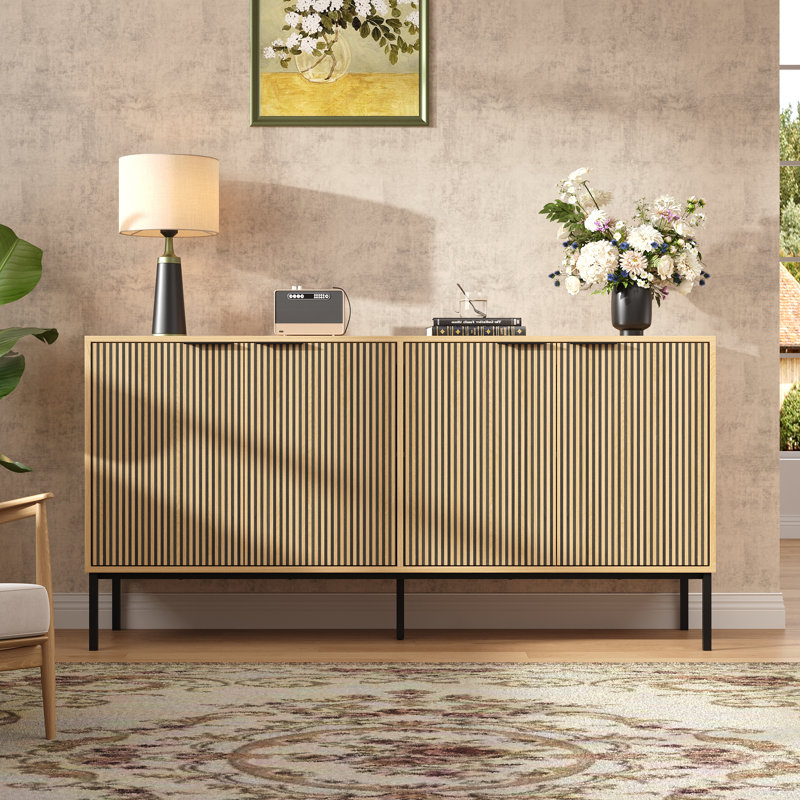 Armoire de rangement cannelée moderne, buffet, buffet de cuisine, meuble télé avec porte, tablettes réglables et anti-basculement