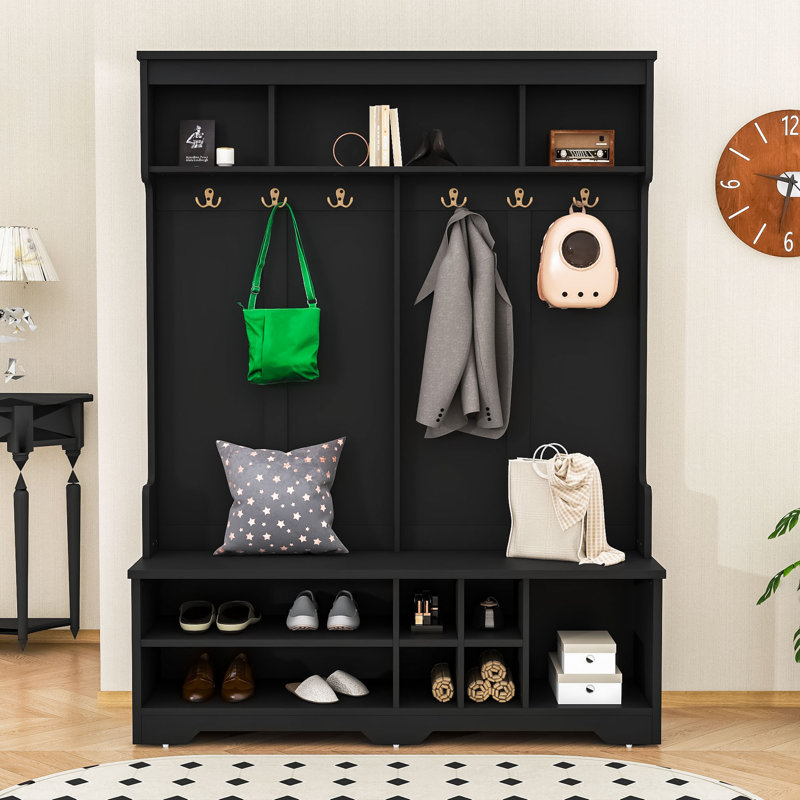 Hall Tree with Storage Compartment, 6 Hooks and Seating Bench, Black
