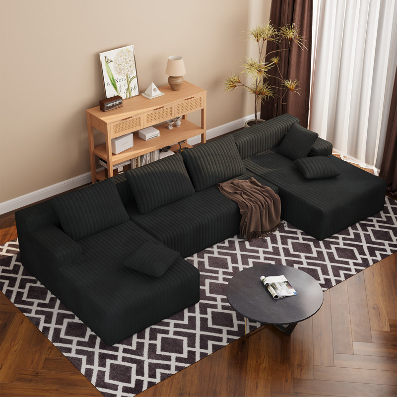 Boneless 96" L-Shaped Boneless Modular Cloud Couch Sectional Sofa, Black Corduroy