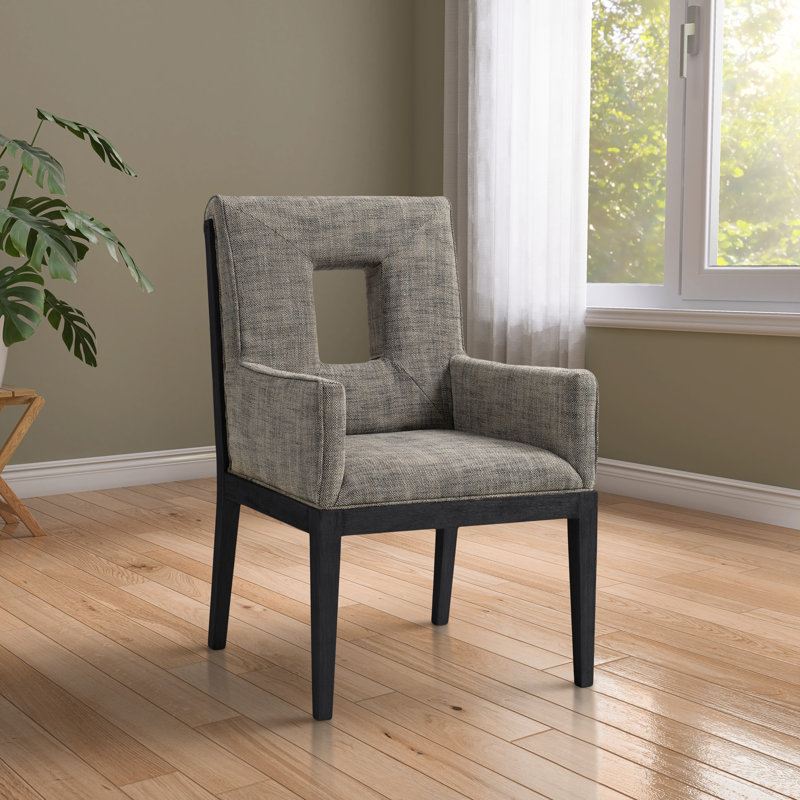 Fauteuil de salle à manger Flore, Tissu gris texturé en lin, Noir