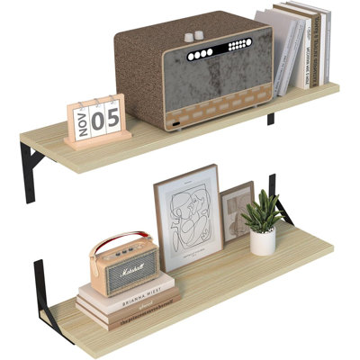 Longues tablettes murales longues, l 48 po x P 12 po, ensemble de 2 grandes tablettes flottantes, étagère en bois à large affichage mural avec supports en métal robustes pour livres de chambre à coucher, salon, cuisine, bois naturel