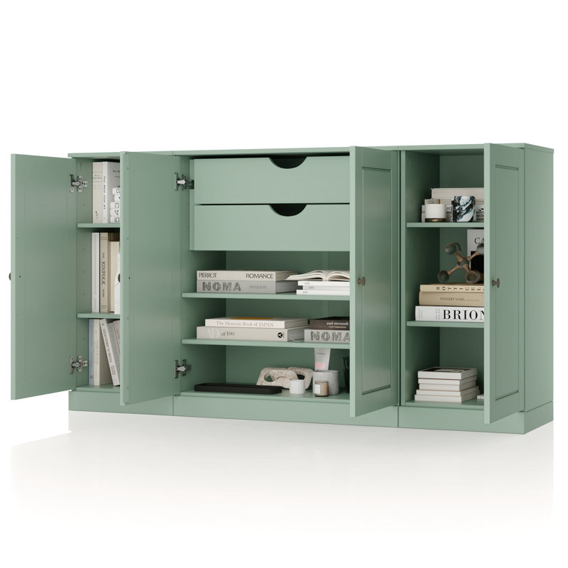 Buffet 100% bois massif 65 "avec portes solides, 2 tiroirs et tablettes réglables, Sauge