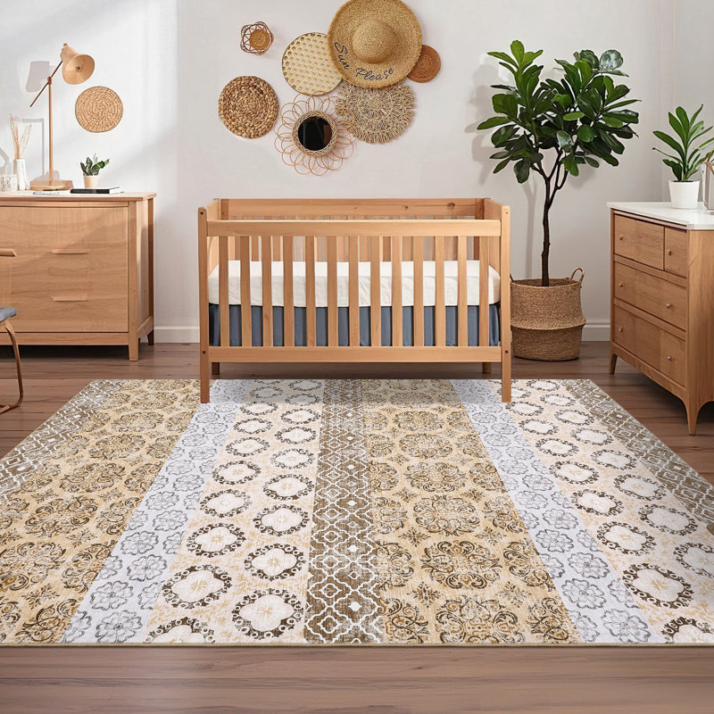 Machine Washable Living Room Rugs Large Neutral Rug with Rubber Backing Stain-Resistant Oriental Accent Carpet for Office Bedroom Dining Room