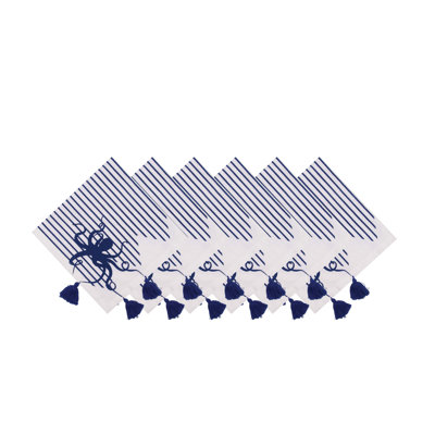 Indigo Octopus Stripes and Tassels Napkins Set of 6