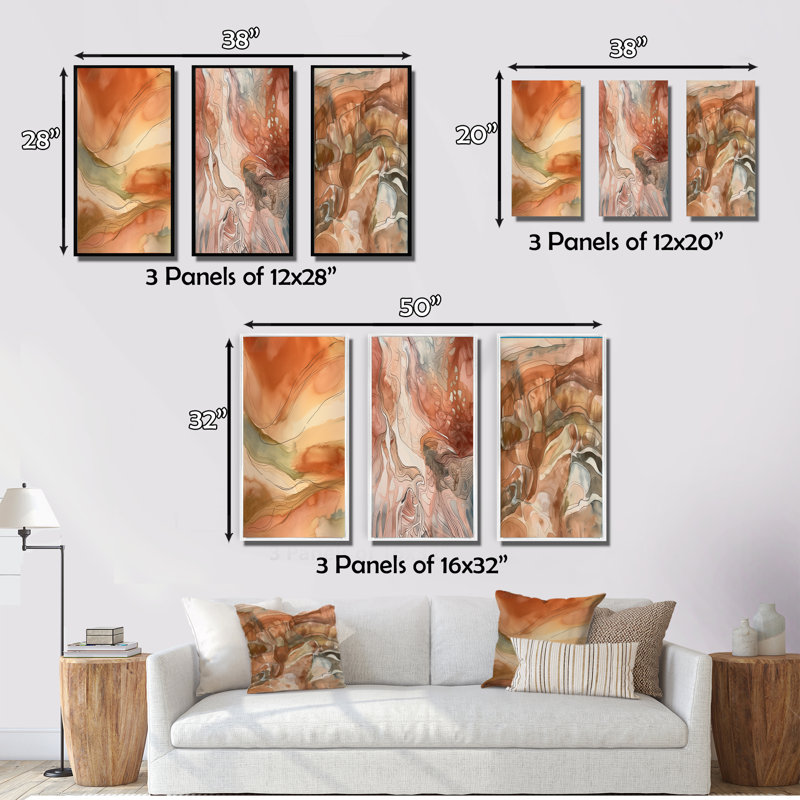 Chocolate Dreams Terra Cotta Abstract - Abstract Painting Art Set Of 3 Pieces, Encadrement doré, H 28 po x l 36 po