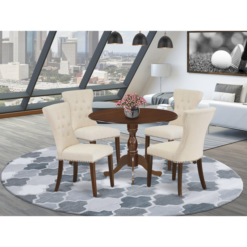 5 Piece Dining Set Includes a Round Dining Room Table with Dropleaf and 4 Light Beige Linen Fabric Upholstered Parson Chairs, 42x42 Inch, Mahogany
