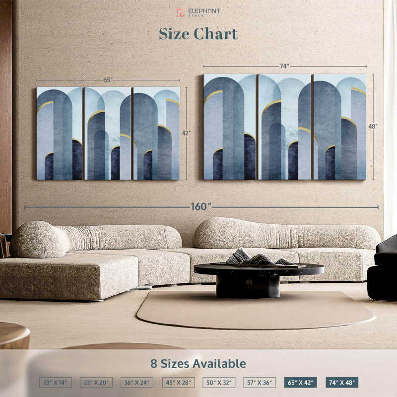 Holiday «Mid-Century Arches Blue Gold Canvas Print» sur, H 48 po x l 74 po x P 1,25 po