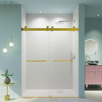 56-60 Inches W *76 Inches H  Frameless Double Sliding Soft-Close Shower Door In Brushed Gold,3/8 Inches (10Mm) Thick SGCC Tempered Glass  Door