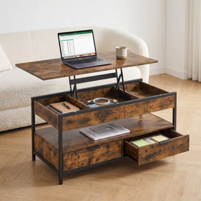 Table basse à hauteur réglable - Table de salon avec tiroirs et compartiment ouvert, 50 x 100 cm, brun rétro et noir encre