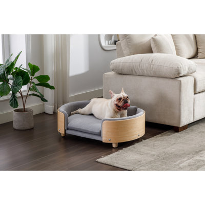 Lit pour chien de taille moyenne gris avec esthétique scandinave, dossier en bois cintré et mousse de coussin amovible Scratch, installation en 1 minute pour les grands chiens, housse en velours