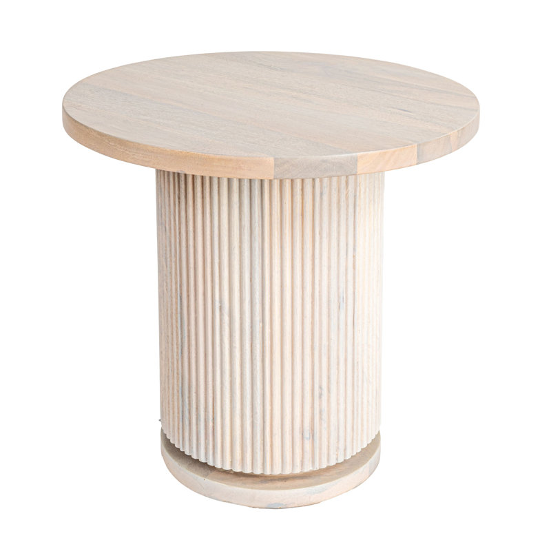 Octavia Round Mango Wood Pedestal Side Table with Ribbed Base, Natural Bleached, Natural
