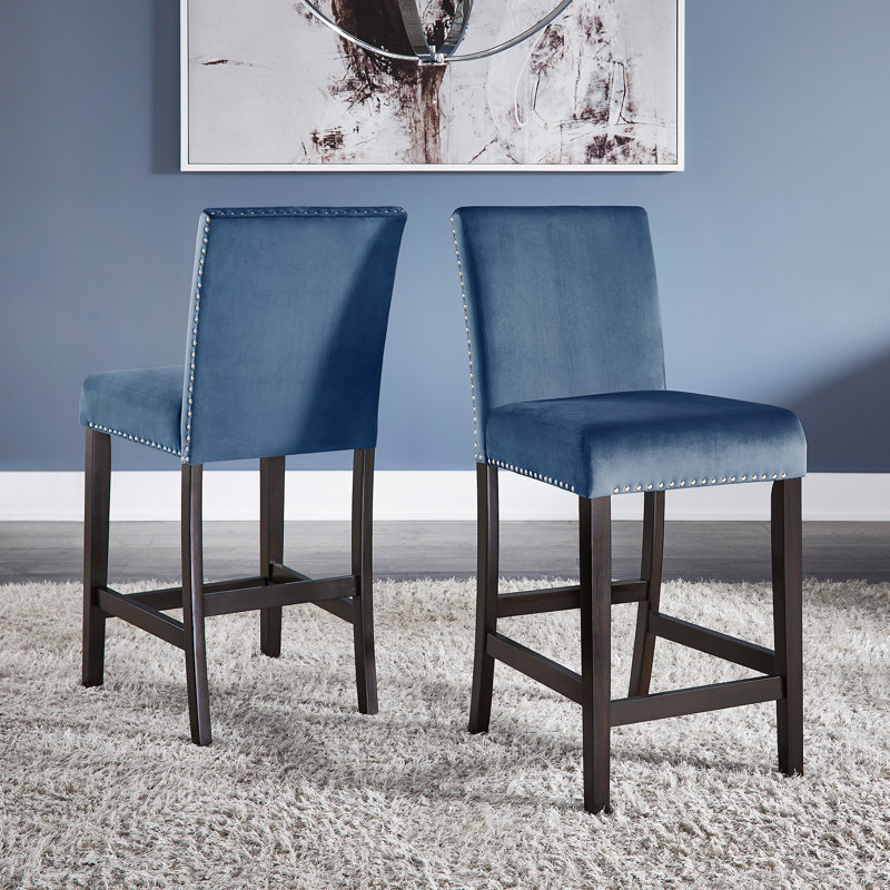 Espresso Finish Velvet 26" Counter Stool, Blue Velvet