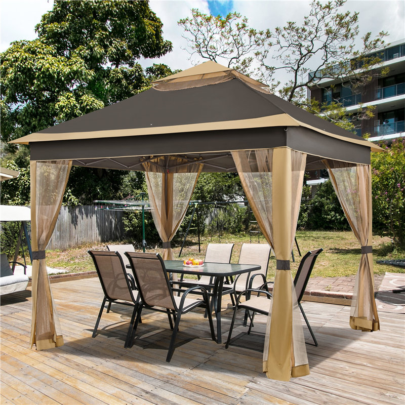 11×11 FT Pop-Up Gazebo Tent with 4 Mesh Sidewalls, Brown