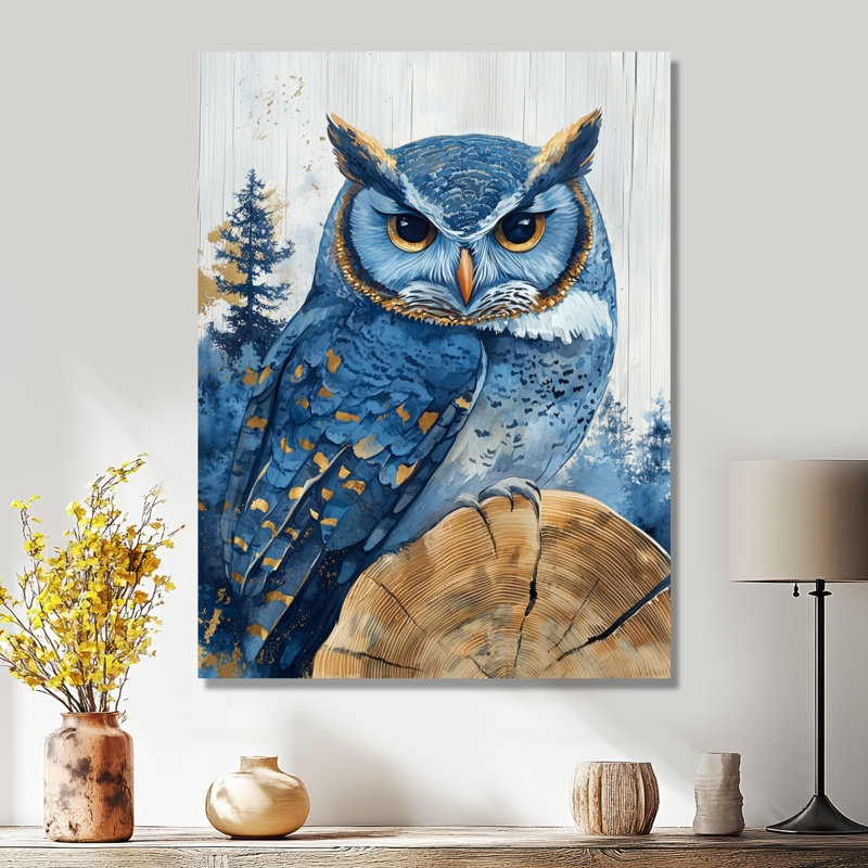 Chouette dans la forêt de Saphir paysage I - impression d'art moderne en métal, décoration murale hibou en métal
