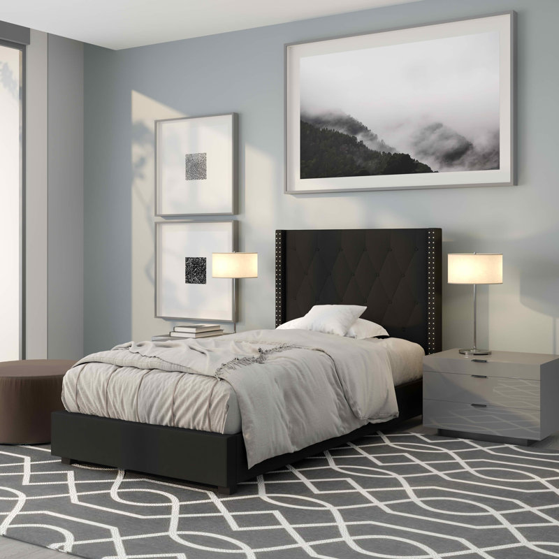 Aluino Tufted Upholstered Platform Bed w/ Accent Nail Trimmed Extended Sides, Black, Twin