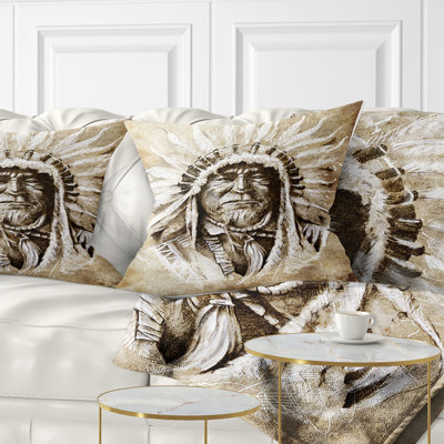 American Indian Head Tattoo Sketch - Portrait Printed Pillow