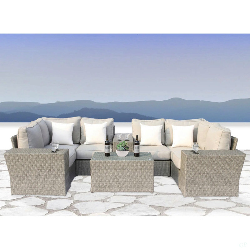 Ensemble de conversation en osier pour 4 avec coussins entièrement assemblé, Beige Cushion/Khaki Frame