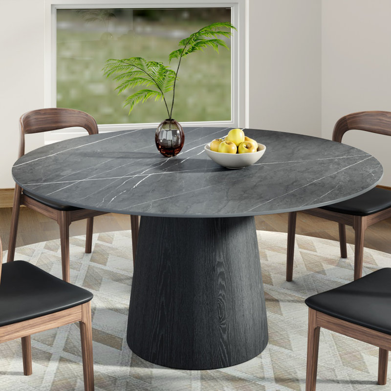 Table de salle à manger moderne en pierre frittée 59 po avec piédestal noir 59 po, H 29,52 po x L 59,06 po x l 59,06 po