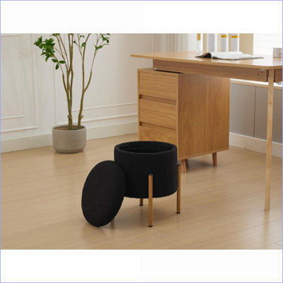 Repose-pieds, tabouret de rangement rond moderne avec couvercle pliable, base en tissu en peluche pour le salon et la chambre à coucher (noir) | Grain de bois | Noyer brun