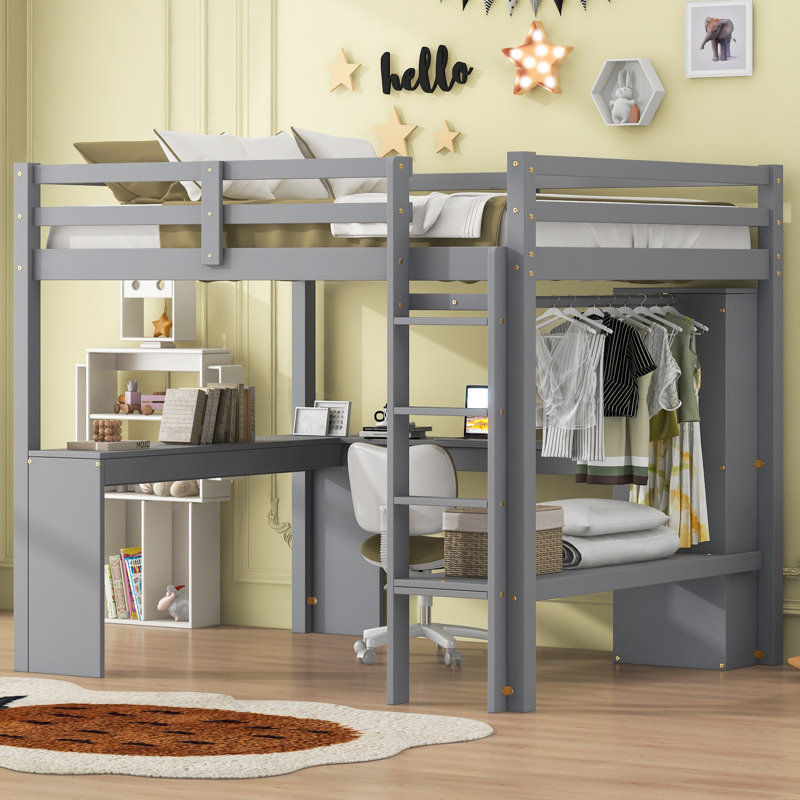  Lit mezzanine double avec bureau en L, armoire intégrée et tablettes de rangement ouvertes, gris, Gris, Lit double